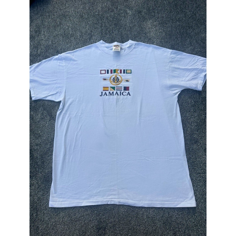 Vintage 90s Jamaica T Shirt Mens XL Oneita Embroidered Nautical Flags White